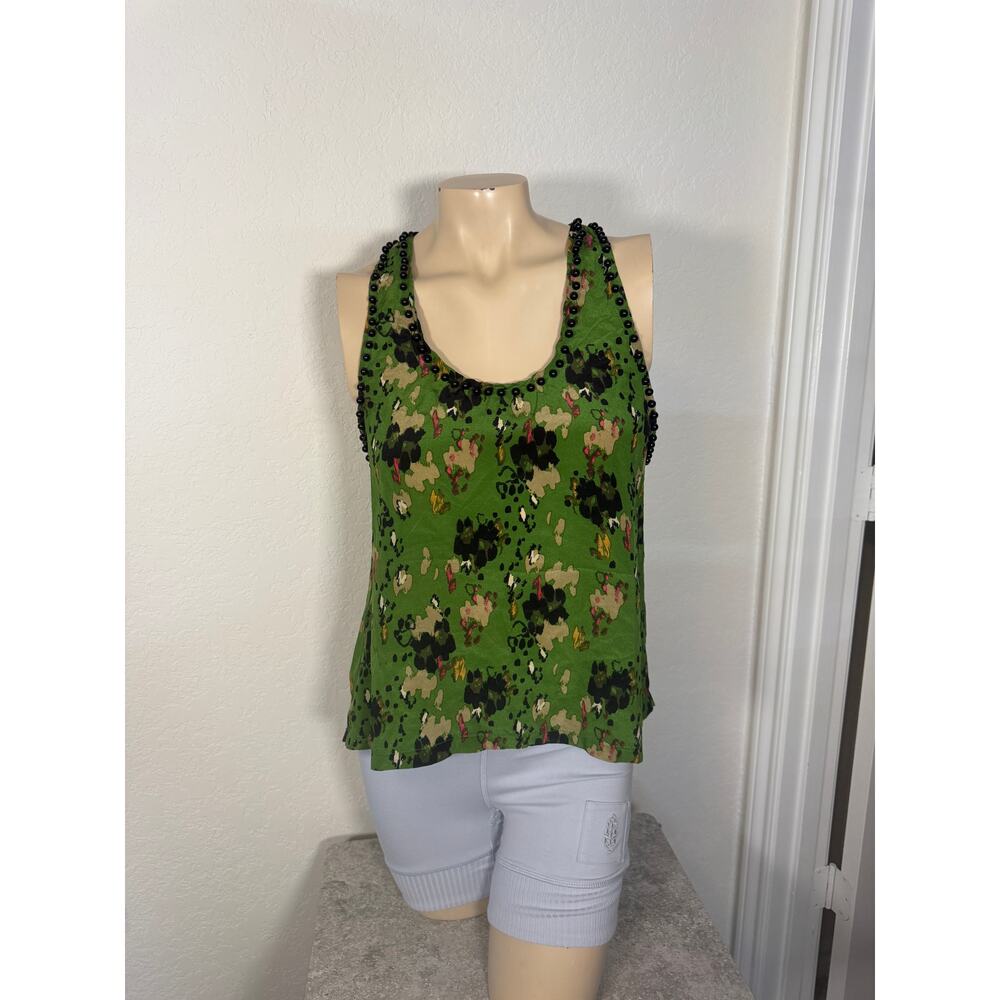 NWOT Jaloux M 100% Silk Green Beaded Tank Top